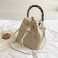 Casual handwoven bucket bag drawstring shoulder bag tote hanbag purse with bamboo handle